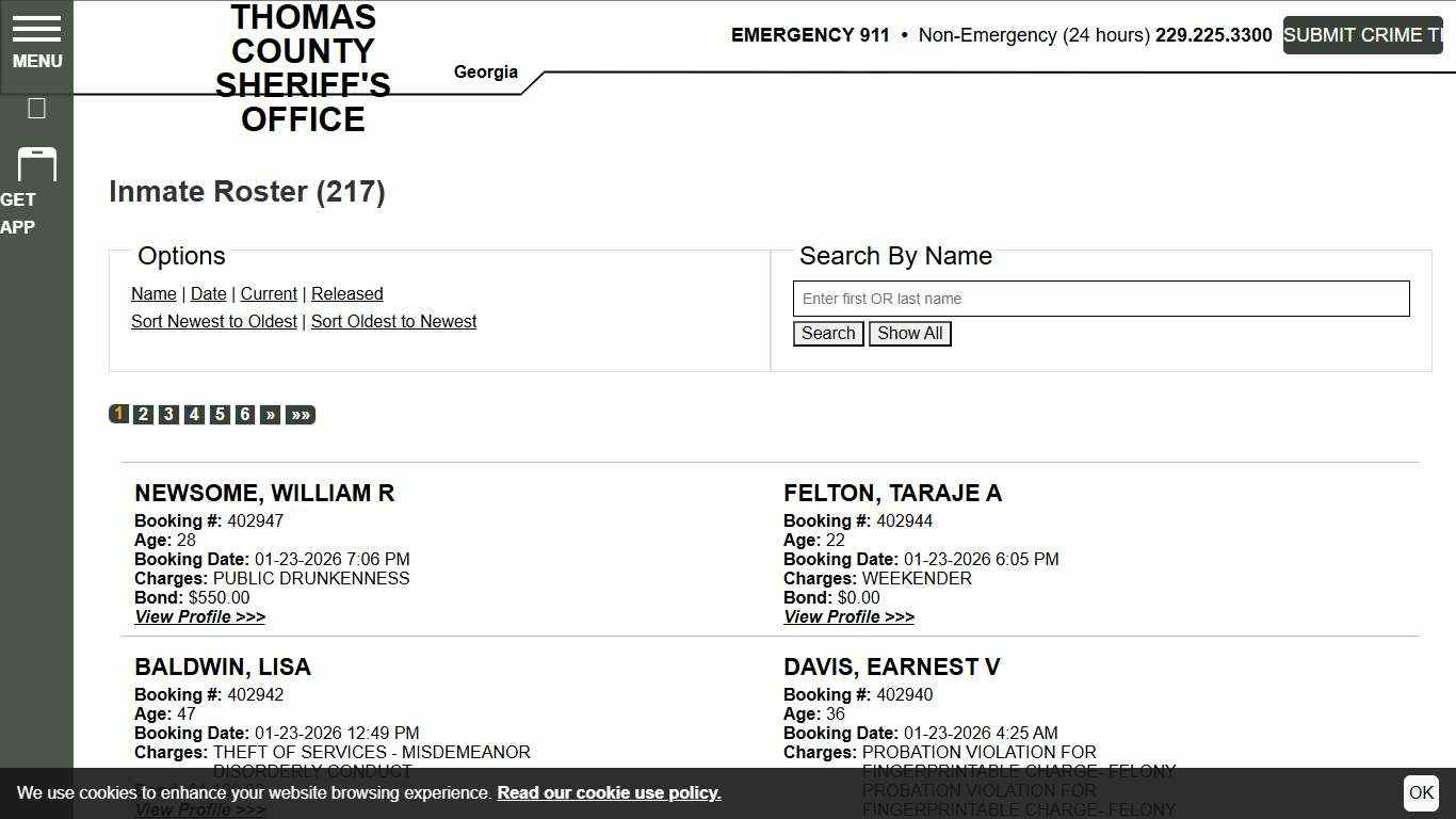 Inmate Roster Thomas County Sheriff's Office Sort Booking Time - Descending Page 1